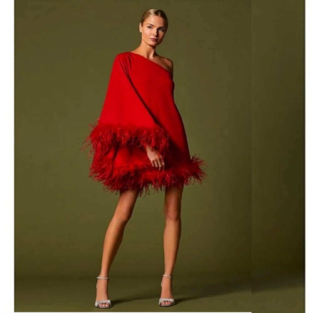 COPY - Antonio Melani Cosima One Sleeve Asymmetrical Neckline Feather Trim Dress